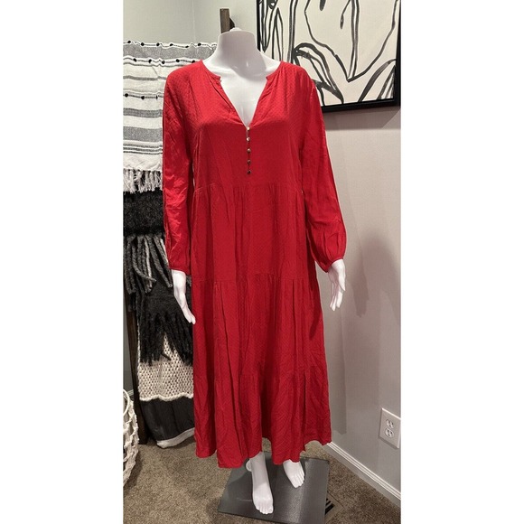 Loft Women Oversized Sz M Red Maxi Dress Tiered Textured Long Sleeve V Neck - Picture 1 of 8